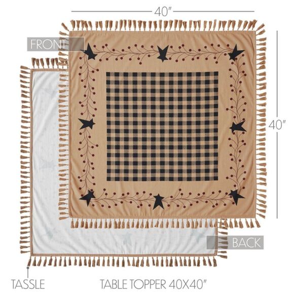 Primitive Star and Pip Berry Table Topper with Plaid Center and Tassel Edge - Picture 3 of 3